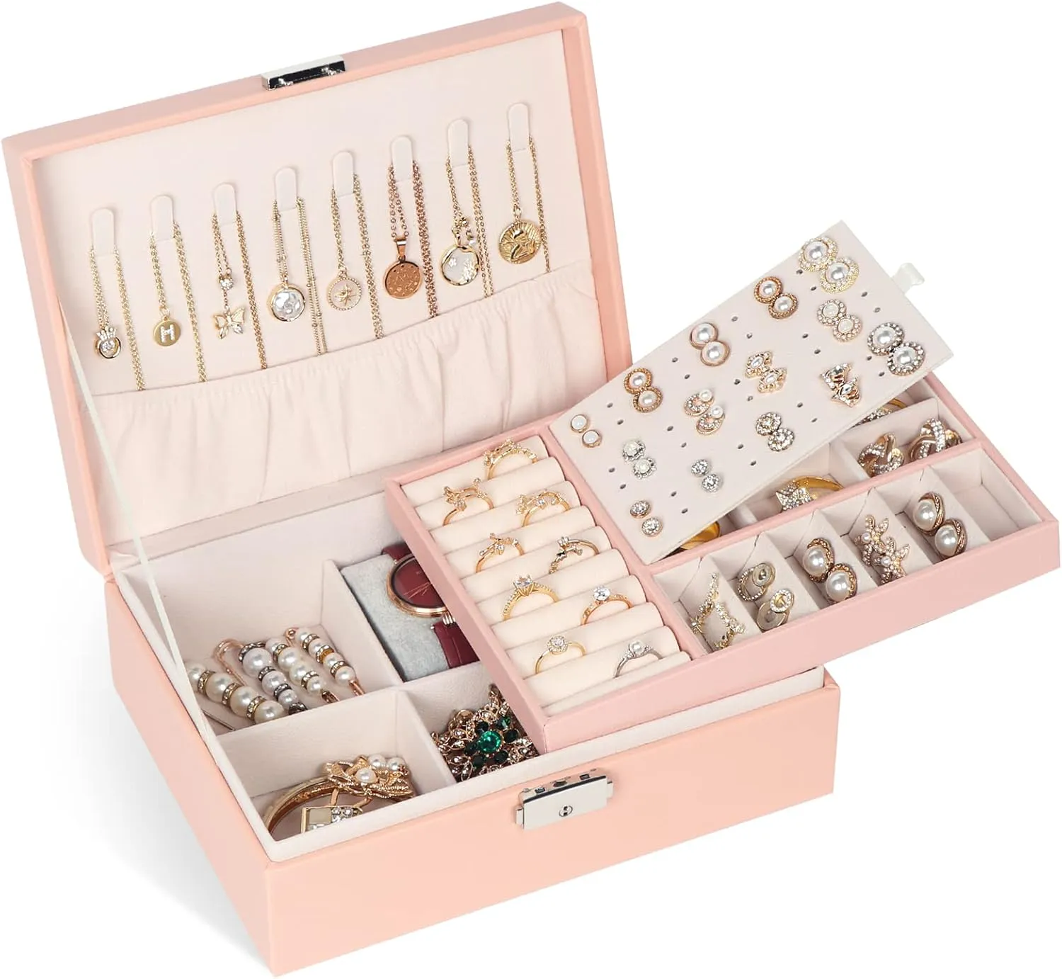 Jewelry Box for Women Girls, 2 Layers Jewelry Organizer Container with Lock, PU Leather Storage Case with Removable Tray, Jewelry Display Box for Necklaces Earrings Bracelets Rings Watches (Pink)