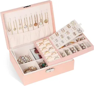Jewelry Box for Women Girls, 2 Layers Jewelry Organizer Container with Lock, PU Leather Storage Case with Removable Tray, Jewelry Display Box for Necklaces Earrings Bracelets Rings Watches (Pink)