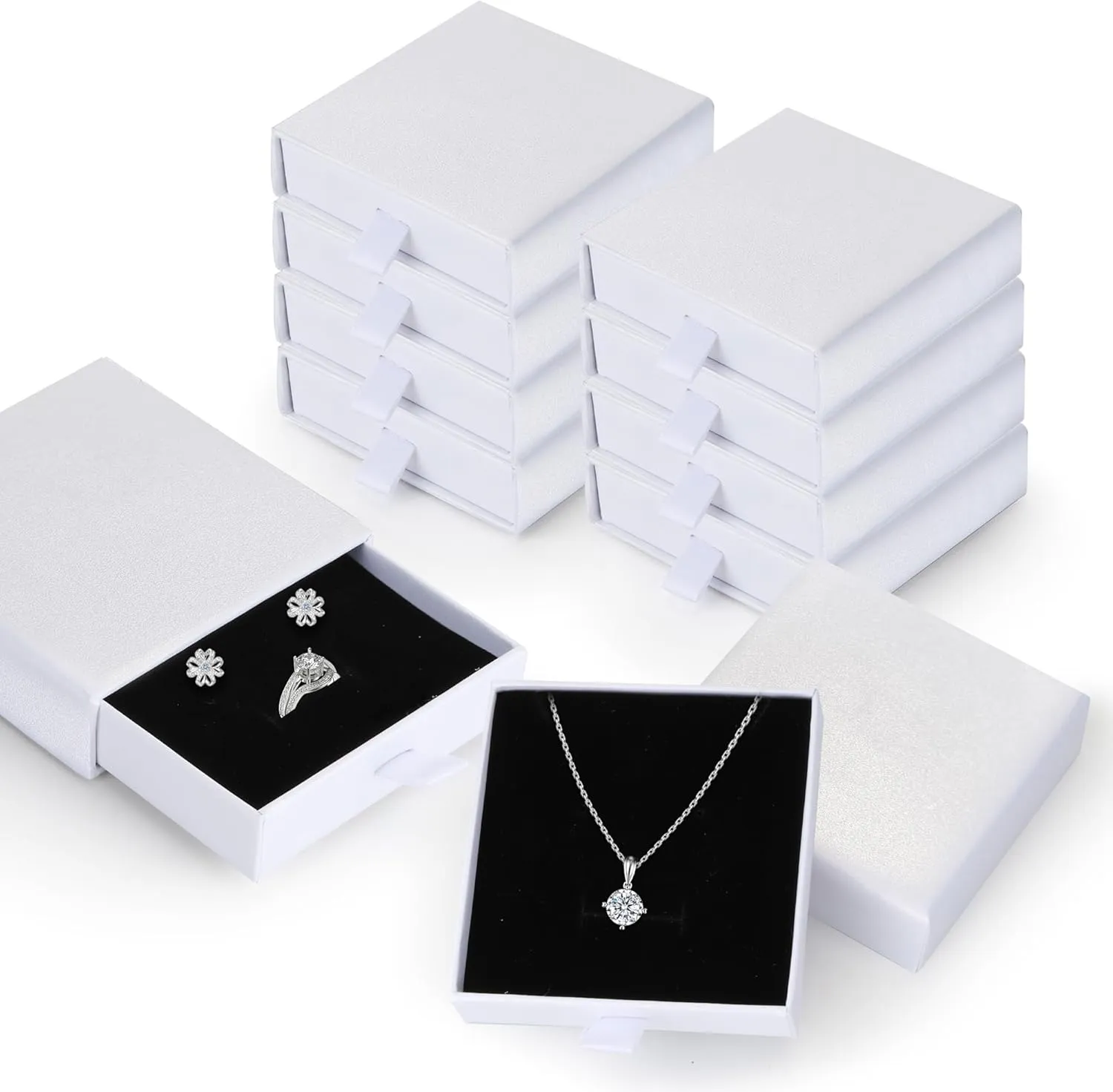 Jewelry Gift Boxes, 10 Pack 3.5"  3.5" x 1" Sponge Fill Cardboard Jewelry Box Bulk, Drawer Style Small Gift Boxes for Necklace Pendant Bracelet Ring Earring Display and Storage, White