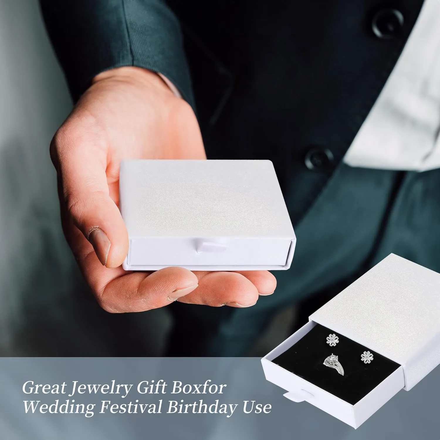 Jewelry Gift Boxes, 10 Pack 3.5"  3.5" x 1" Sponge Fill Cardboard Jewelry Box Bulk, Drawer Style Small Gift Boxes for Necklace Pendant Bracelet Ring Earring Display and Storage, White