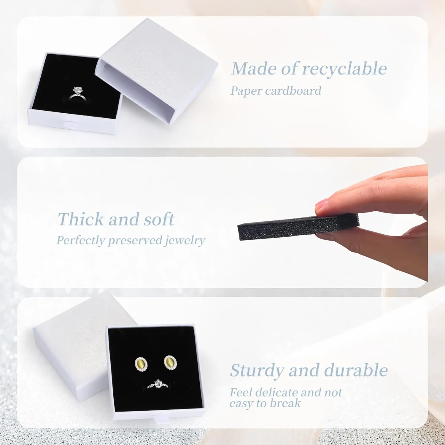 Jewelry Gift Boxes, 10 Pack 3.5"  3.5" x 1" Sponge Fill Cardboard Jewelry Box Bulk, Drawer Style Small Gift Boxes for Necklace Pendant Bracelet Ring Earring Display and Storage, White
