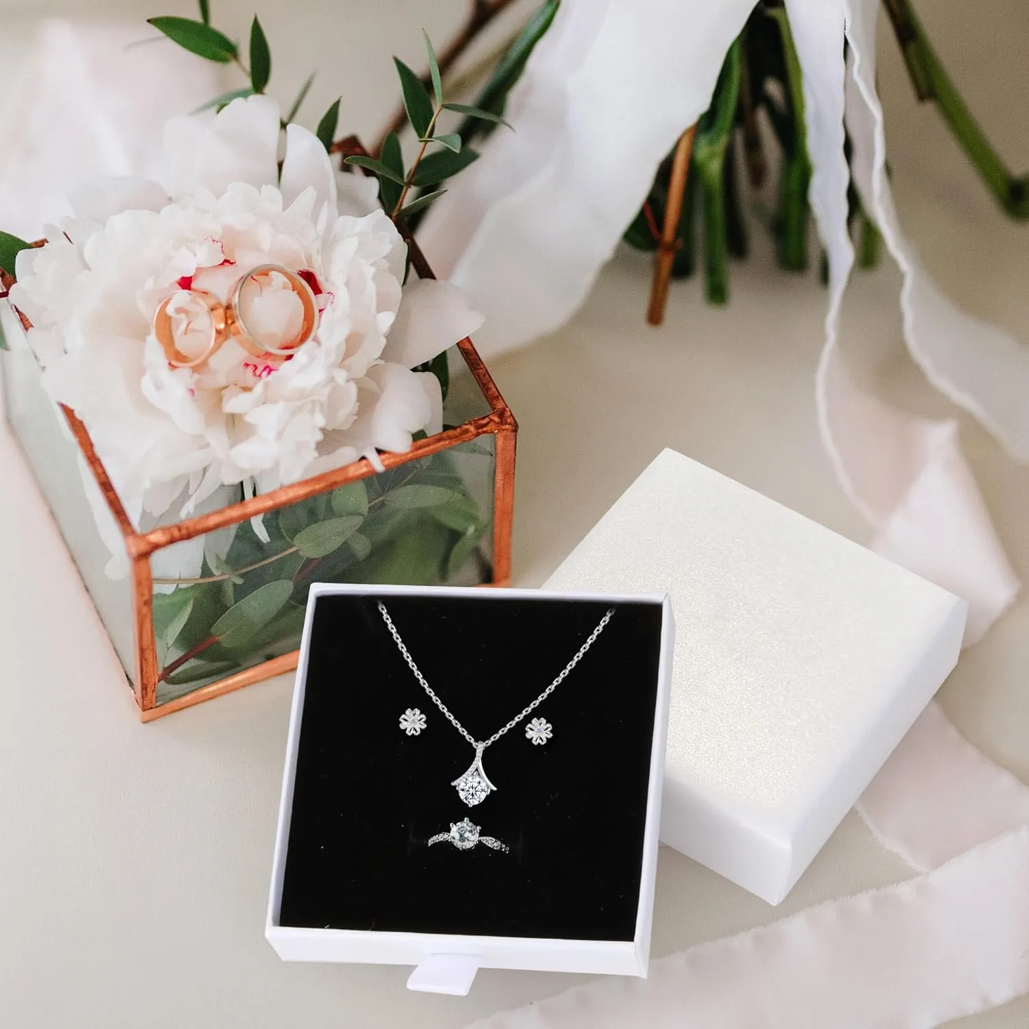 Jewelry Gift Boxes, 10 Pack 3.5"  3.5" x 1" Sponge Fill Cardboard Jewelry Box Bulk, Drawer Style Small Gift Boxes for Necklace Pendant Bracelet Ring Earring Display and Storage, White