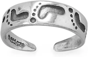 Jewelryweb - 925 Sterling Silver Footprints in the Sand Antiqued Toe Ring - 5mm - Vintage Jewelry - Summer Foot Accessory - Adjustable Toe Ring for Woman - Non-tarnish
