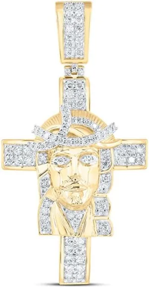 Jewels By Lux 10K Yellow Gold Mens Round Diamond Jesus Cross Charm Pendant 1 Cttw