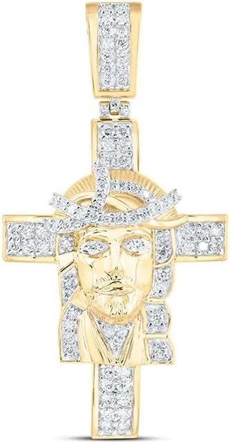 Jewels By Lux 10K Yellow Gold Mens Round Diamond Jesus Cross Charm Pendant 1 Cttw