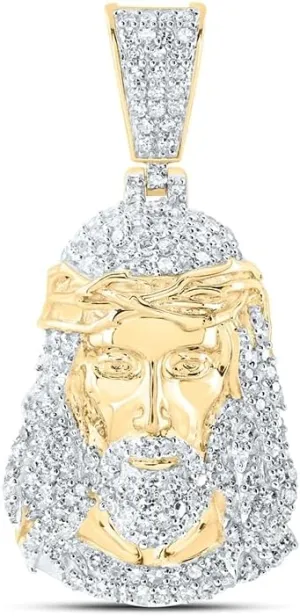 Jewels By Lux 10K Yellow Gold Mens Round Diamond Jesus Face Charm Pendant 1 Cttw