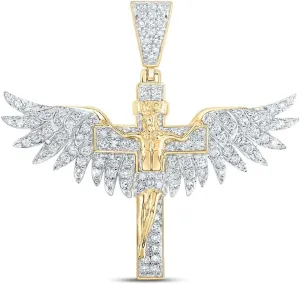 Jewels By Lux 10K Yellow Gold Mens Round Diamond Jesus Wings Cross Charm Pendant 1 Cttw, Length: 1.41 In, Width: 1.46 In