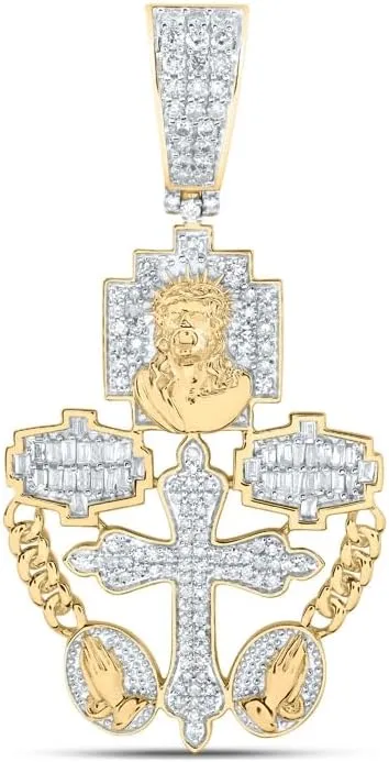 Jewels By Lux 10K Yellow Gold Mens Round Diamond Rosary Jesus Cross Charm Pendant 3/4 Cttw