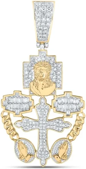 Jewels By Lux 10K Yellow Gold Mens Round Diamond Rosary Jesus Cross Charm Pendant 3/4 Cttw