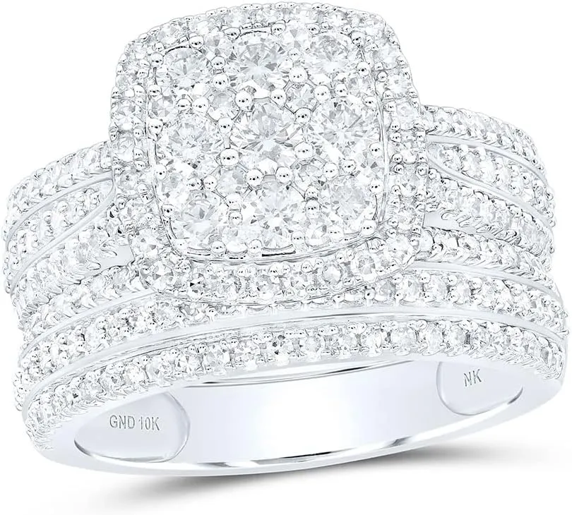 Jewels By Lux 10K Yellow Or White Or Rose Gold Round Diamond Square Cluster Bridal Wedding Ring Band Set 1-1/2 Cttw, Womens Size: 5-10