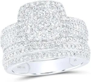 Jewels By Lux 10K Yellow Or White Or Rose Gold Round Diamond Square Cluster Bridal Wedding Ring Band Set 1-1/2 Cttw, Womens Size: 5-10