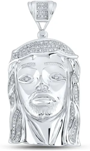 Jewels By Lux Sterling Silver Mens Round Diamond Jesus Face Charm Pendant 3/8 Cttw, Length: 2.11 In, Width: 1.08 In