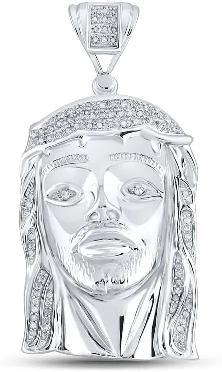 Jewels By Lux Sterling Silver Mens Round Diamond Jesus Face Charm Pendant 3/8 Cttw, Length: 2.11 In, Width: 1.08 In