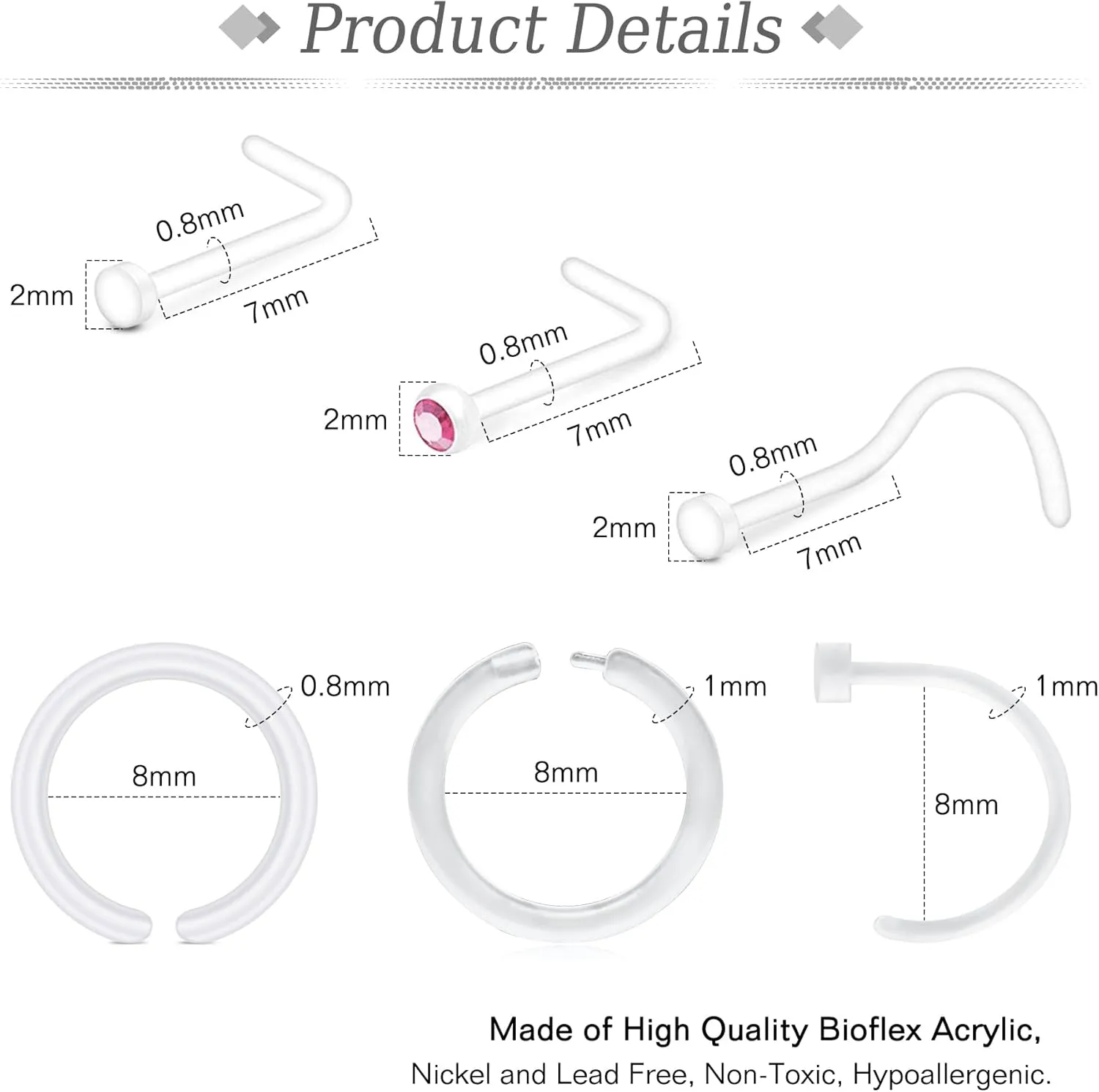 JFORYOU 18-20G Clear Acrylic Nose Ring Bioflex Stud Retainer Nose Piercing Body Jewelry for Men Women