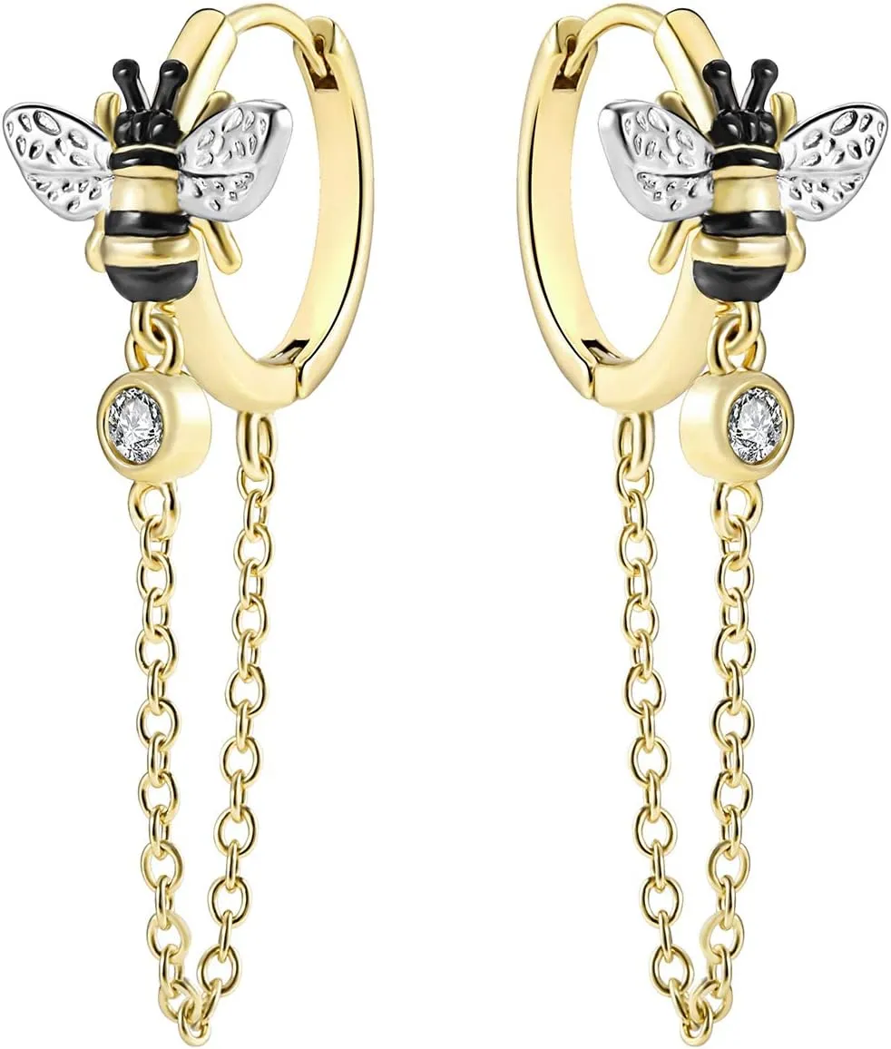 JIANGYUE Dainty Fashion Tassel Chain Drop Dangle Small Hoop Earrings for Women Girls with Cubic Zirconia 18K Gold Plated Simple Huggie Earrings
