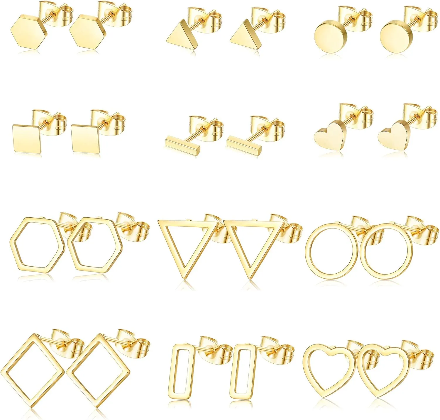 JOERICA Geometric Minimalist Stud Earrings for Women Simple Rhombus Hexagon Triangle Bar Heart Circle Earrings Set