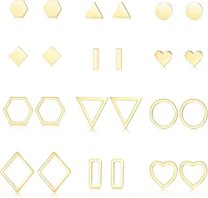 JOERICA Geometric Minimalist Stud Earrings for Women Simple Rhombus Hexagon Triangle Bar Heart Circle Earrings Set