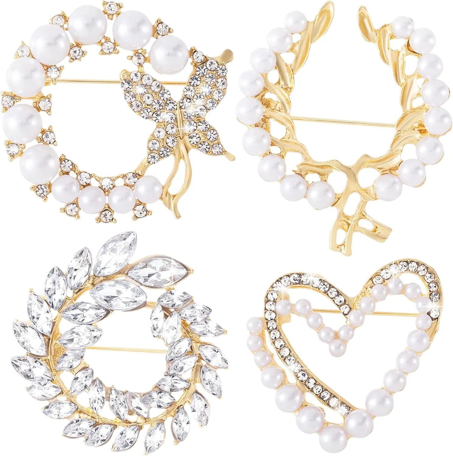 Joez Wonderful 4 Pcs Rhinestone Pearl Brooch Pins, Fashion Shirt Shawl Pin, Removable Clip Badge Corsage, Elegant No Sew Brooches Accessories for Women