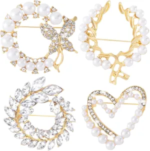 Joez Wonderful 4 Pcs Rhinestone Pearl Brooch Pins, Fashion Shirt Shawl Pin, Removable Clip Badge Corsage, Elegant No Sew Brooches Accessories for Women