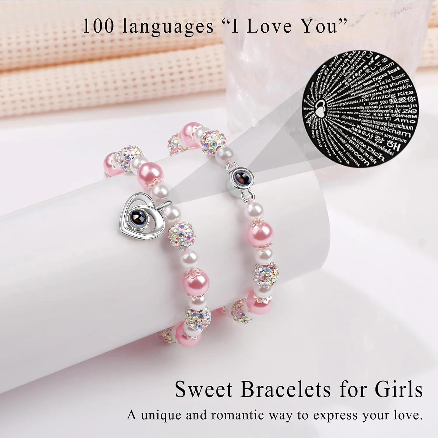 JoycuFF   Daughter Granddaughter Niece Pink Pearls Charm Bracelets  Valentine's Day Birthday Back to School Christmas Gift
