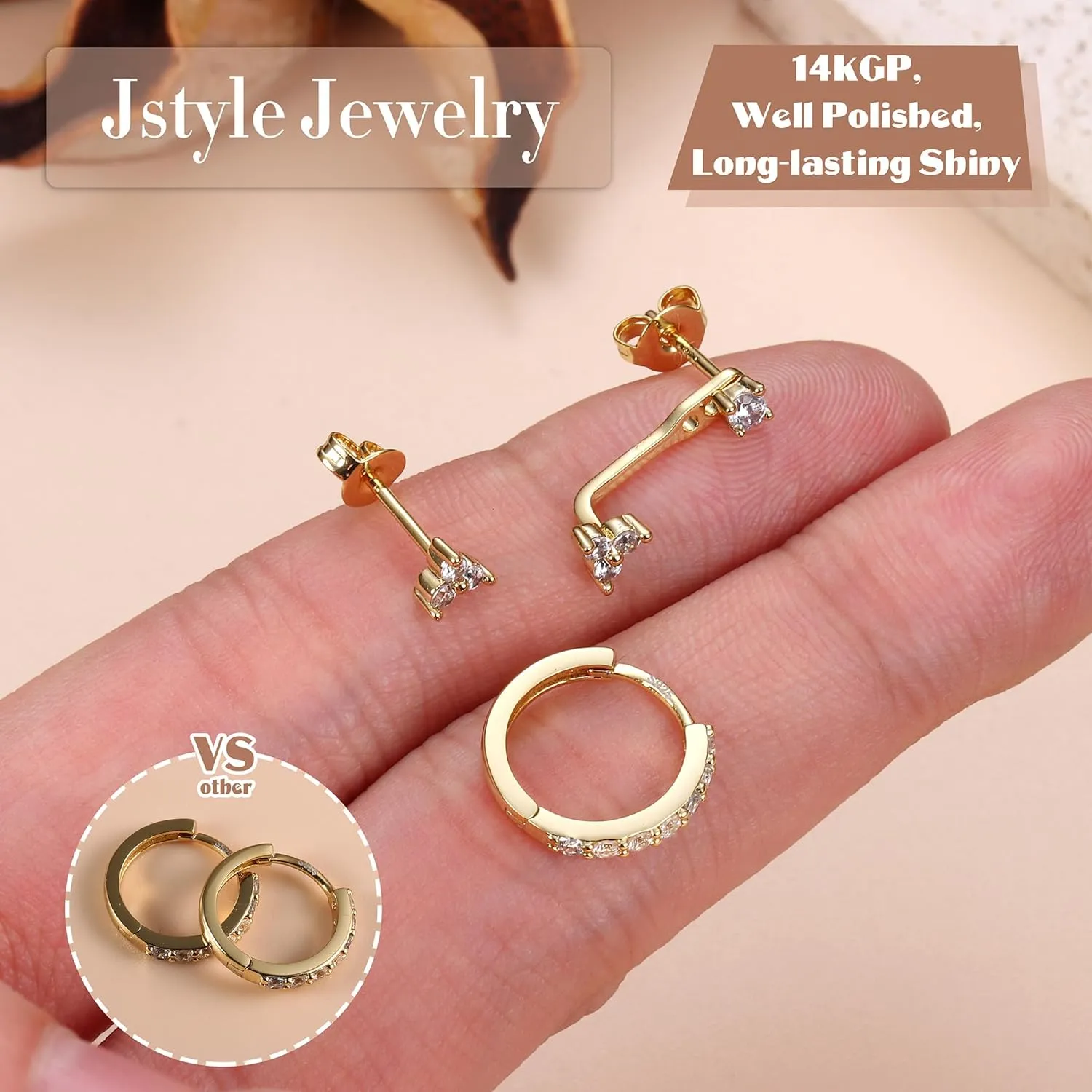 Jstyle 14K Gold Earrings for Women S925 Sterling Silver Earrings for Multiple Piercings Cartilage Stud Small Hoop Dainty Earrings Set