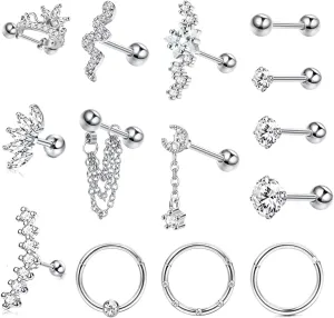 Jstyle 16 Gauge Cartilage Earrings for Women Hypoallergenic Surgical Stainless Steel Earring Sets for Multiple Piercing Daith Conch Tragus Helix Piercing Jewelry