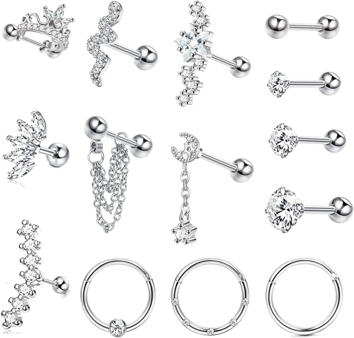 Jstyle 16 Gauge Cartilage Earrings for Women Hypoallergenic Surgical Stainless Steel Earring Sets for Multiple Piercing Daith Conch Tragus Helix Piercing Jewelry