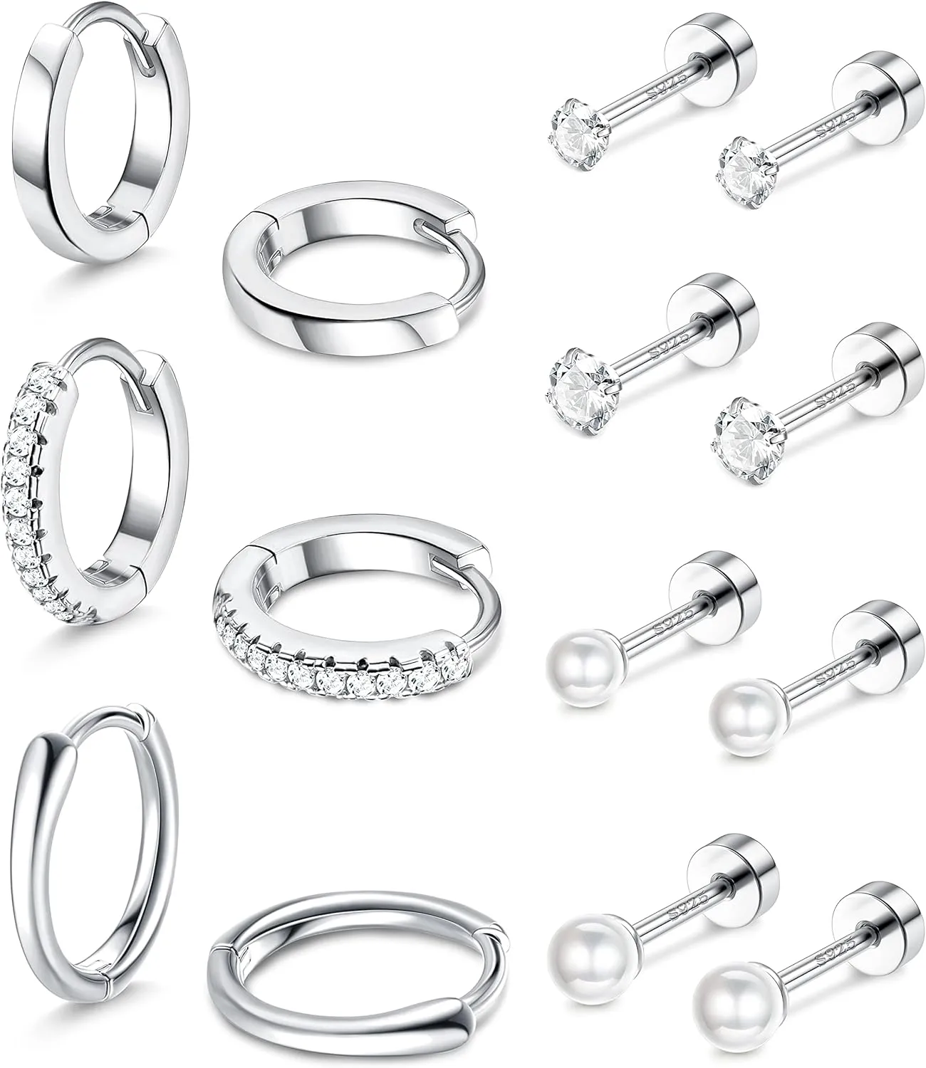 Jstyle 7 Pairs Sterling Silver Studs Earrings Set for Multiple Piercing Hoops Set Flat Back Cartilage Earrings Tiny Cubic Zirconia pearl Studs Earrings for Women