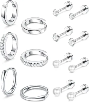 Jstyle 7 Pairs Sterling Silver Studs Earrings Set for Multiple Piercing Hoops Set Flat Back Cartilage Earrings Tiny Cubic Zirconia pearl Studs Earrings for Women