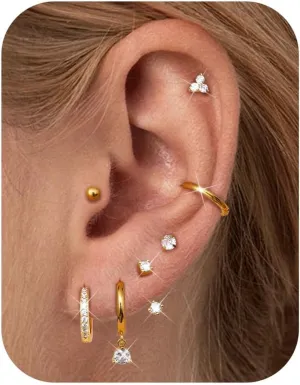 Jstyle Hypoallergenic Surgical Steel Earrings for Women 14K Gold Earring Stack Set Stainless Steel Stud Earrings Dainty Huggie Hoop Cartilage Earring Sets for Multiple Piercing