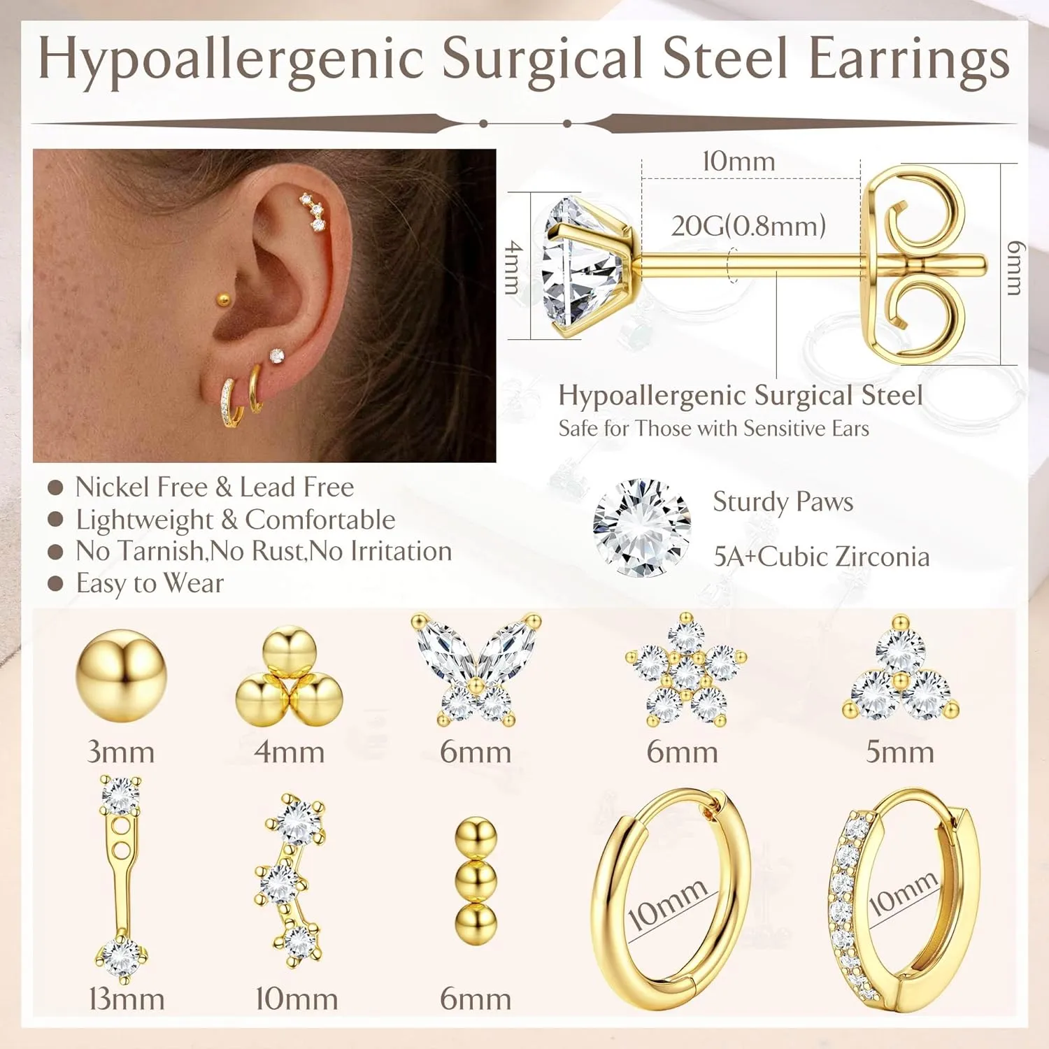 Jstyle Hypoallergenic Surgical Steel Earrings for Women 14K Gold Earring Stack Set Stainless Steel Stud Earrings Dainty Huggie Hoop Cartilage Earring Sets for Multiple Piercing