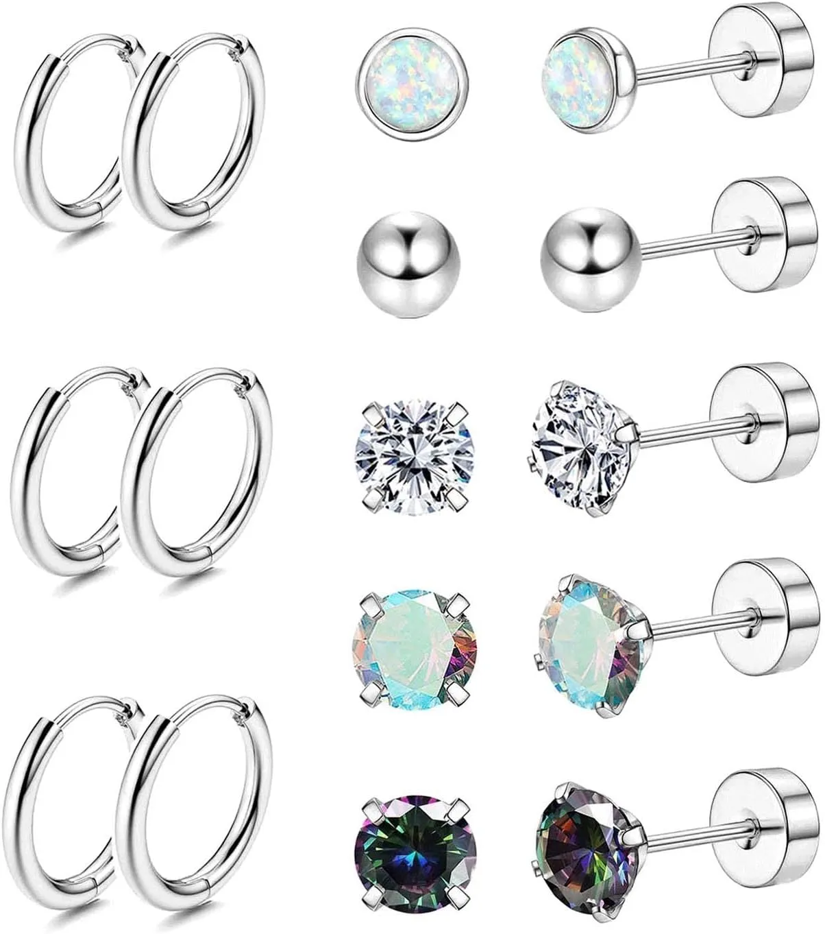 Jstyle Surgical Steel Earrings for Sensitive Ears Hypoallergenic 20G Stainless Steel Stud Hoop Earrings for Women Men Small Opal Ball CZ Surgical Steel Flat Back Earrings Cartilage Earrings Hoop Stud