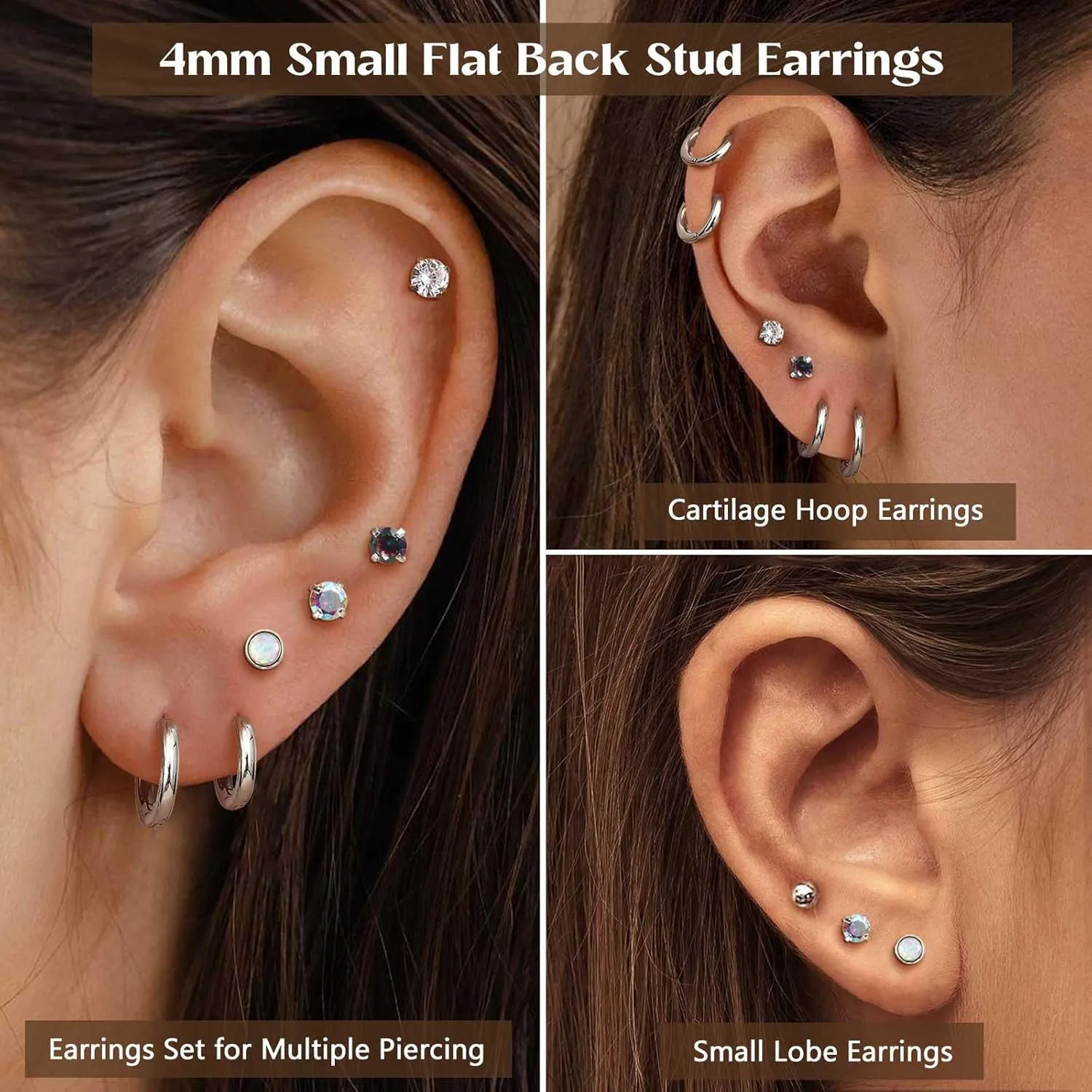 Jstyle Surgical Steel Earrings for Sensitive Ears Hypoallergenic 20G Stainless Steel Stud Hoop Earrings for Women Men Small Opal Ball CZ Surgical Steel Flat Back Earrings Cartilage Earrings Hoop Stud