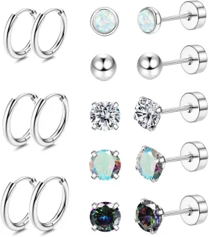 Jstyle Surgical Steel Earrings for Sensitive Ears Hypoallergenic 20G Stainless Steel Stud Hoop Earrings for Women Men Small Opal Ball CZ Surgical Steel Flat Back Earrings Cartilage Earrings Hoop Stud