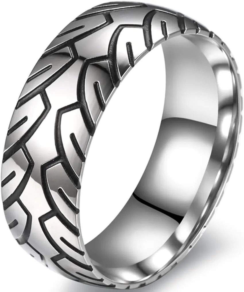 Jude Jewelers 8mm Stainless Steel Wheel Tire Pattern Wedding Band Biker Statement Ring
