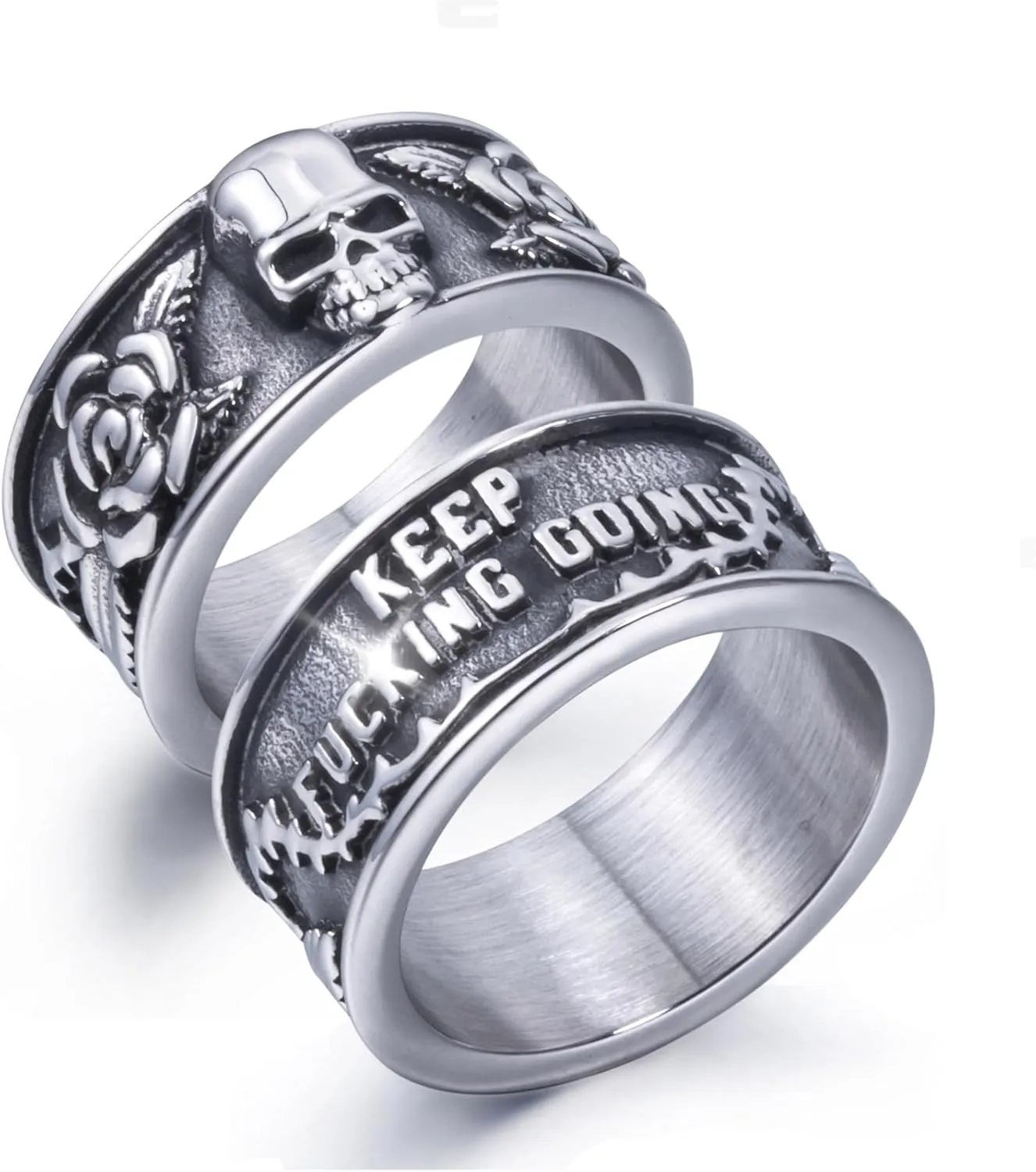 Keep Going Ring Stainless Steel Gothic Rose Skull Rings for Men Women Band Silver Skeleton Cocktail Party Ring Size 8-13