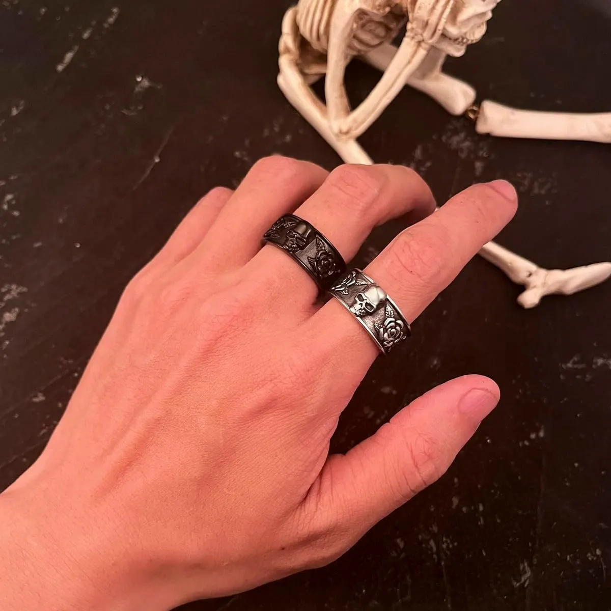 Keep Going Ring Stainless Steel Gothic Rose Skull Rings for Men Women Band Silver Skeleton Cocktail Party Ring Size 8-13