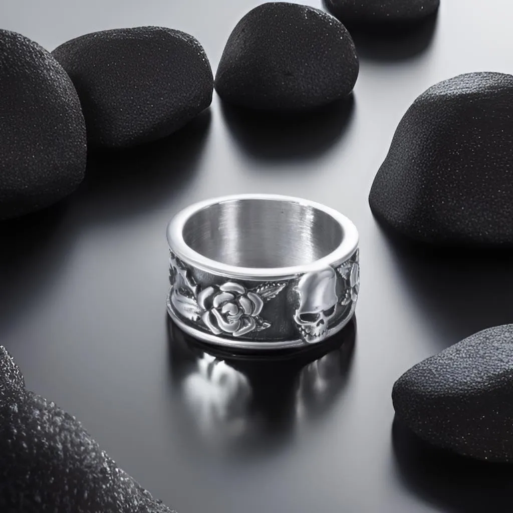 Keep Going Ring Stainless Steel Gothic Rose Skull Rings for Men Women Band Silver Skeleton Cocktail Party Ring Size 8-13