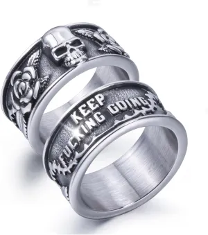 Keep Going Ring Stainless Steel Gothic Rose Skull Rings for Men Women Band Silver Skeleton Cocktail Party Ring Size 8-13