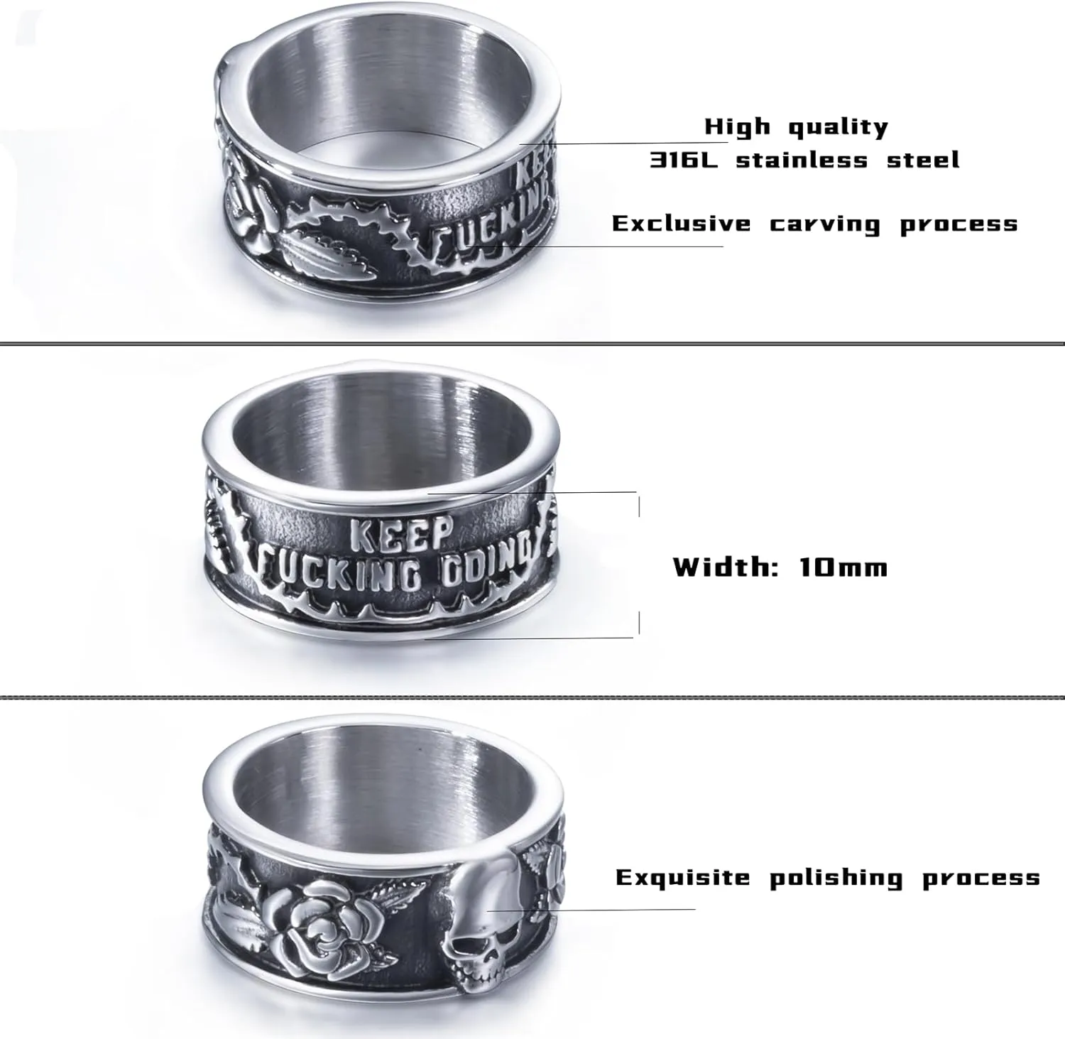 Keep Going Ring Stainless Steel Gothic Rose Skull Rings for Men Women Band Silver Skeleton Cocktail Party Ring Size 8-13