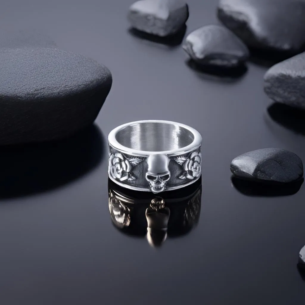 Keep Going Ring Stainless Steel Gothic Rose Skull Rings for Men Women Band Silver Skeleton Cocktail Party Ring Size 8-13