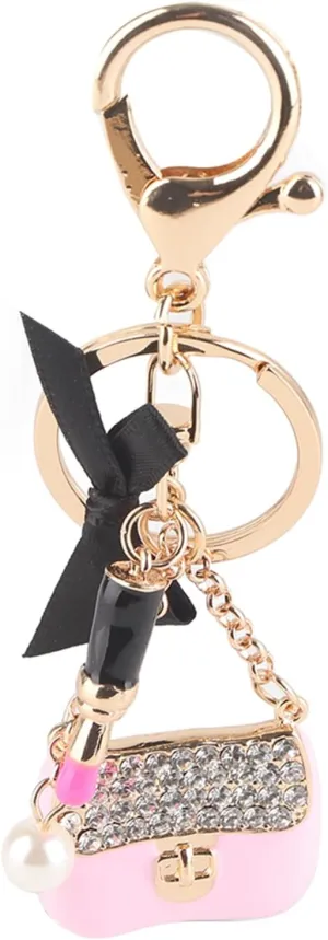 Keychain, Alloy Rhinestone Keychain Exquisite Cute Bow Handbag Lipstick Shaped Pendant Key Ring Decoration Pendant Gifts Bag Keyring Keys Bag Wallet Decor for Women Men()