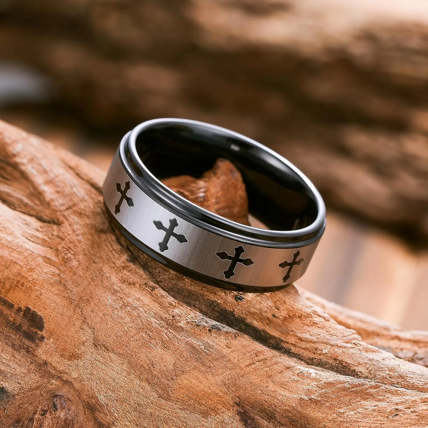King Will 8mm Tungsten Carbide Ring for Men Lord's Prayer Wedding Band Cross Bible Engraved Mens Religious Ring Silver/Gold/Black Faith Bands Polished/Brushed Finish Comfort Fit Size 7-15