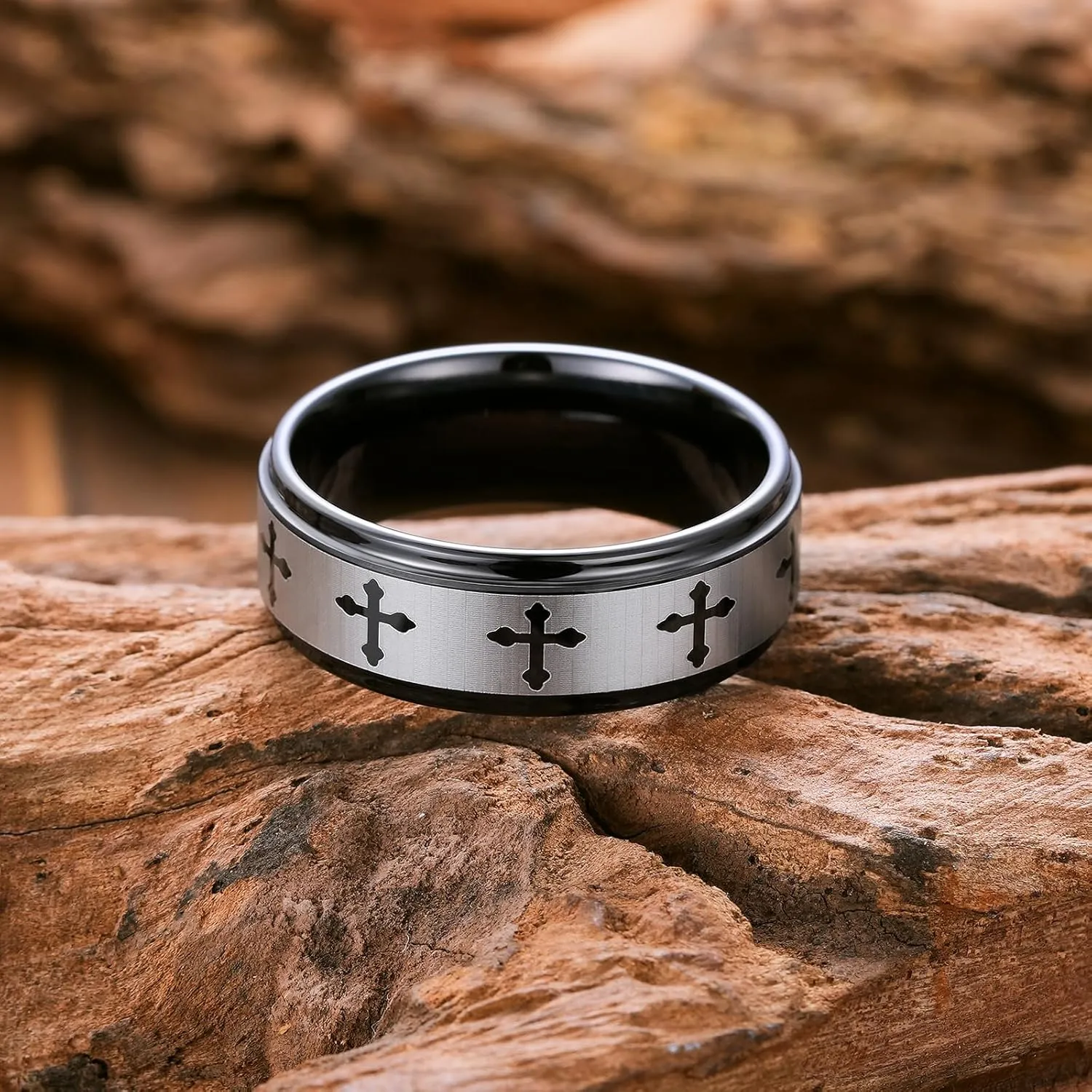 King Will 8mm Tungsten Carbide Ring for Men Lord's Prayer Wedding Band Cross Bible Engraved Mens Religious Ring Silver/Gold/Black Faith Bands Polished/Brushed Finish Comfort Fit Size 7-15