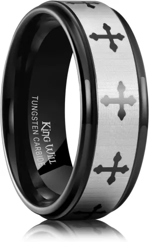King Will 8mm Tungsten Carbide Ring for Men Lord's Prayer Wedding Band Cross Bible Engraved Mens Religious Ring Silver/Gold/Black Faith Bands Polished/Brushed Finish Comfort Fit Size 7-15