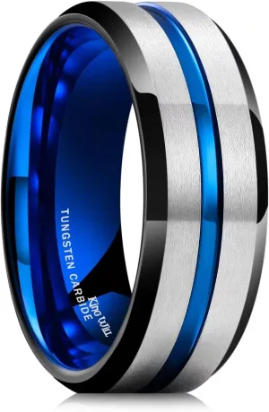 King Will Mens Grooved Tungsten Ring - Black/Silver 6mm/7mm/8mm Wedding Band, Thin Blue/Red/Purple/Rose Gold/Green/Orange/Pink Centre Groove, Matte Brushed Finish Beveled Edge, Comfort Fit Size 4-16