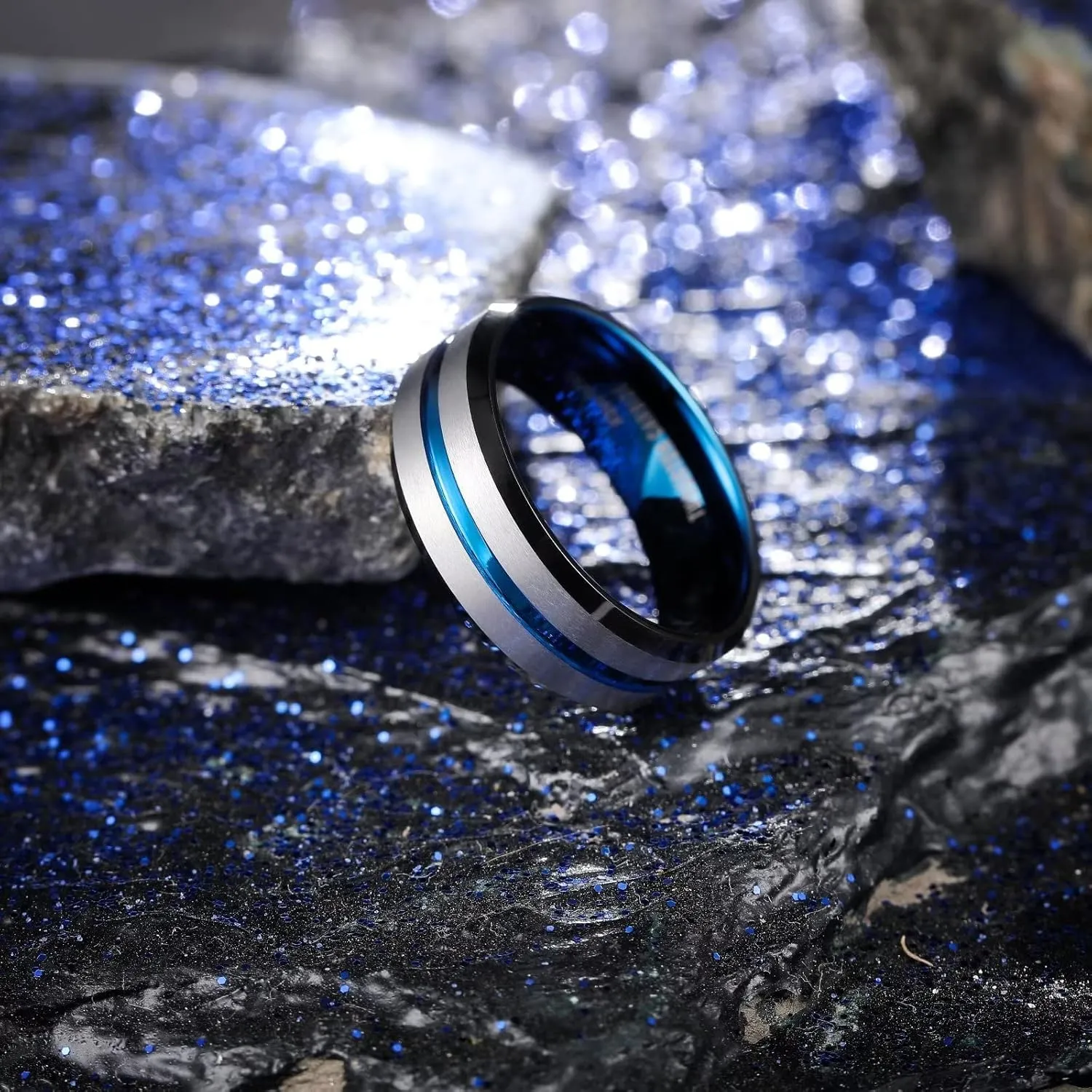 King Will Mens Grooved Tungsten Ring - Black/Silver 6mm/7mm/8mm Wedding Band, Thin Blue/Red/Purple/Rose Gold/Green/Orange/Pink Centre Groove, Matte Brushed Finish Beveled Edge, Comfort Fit Size 4-16