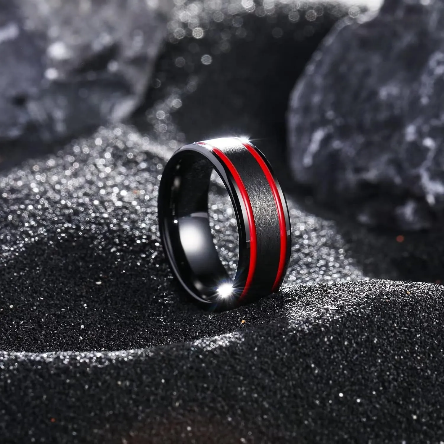 King Will Mens Grooved Tungsten Ring - Black/Silver 6mm/7mm/8mm Wedding Band, Thin Blue/Red/Purple/Rose Gold/Green/Orange/Pink Centre Groove, Matte Brushed Finish Beveled Edge, Comfort Fit Size 4-16