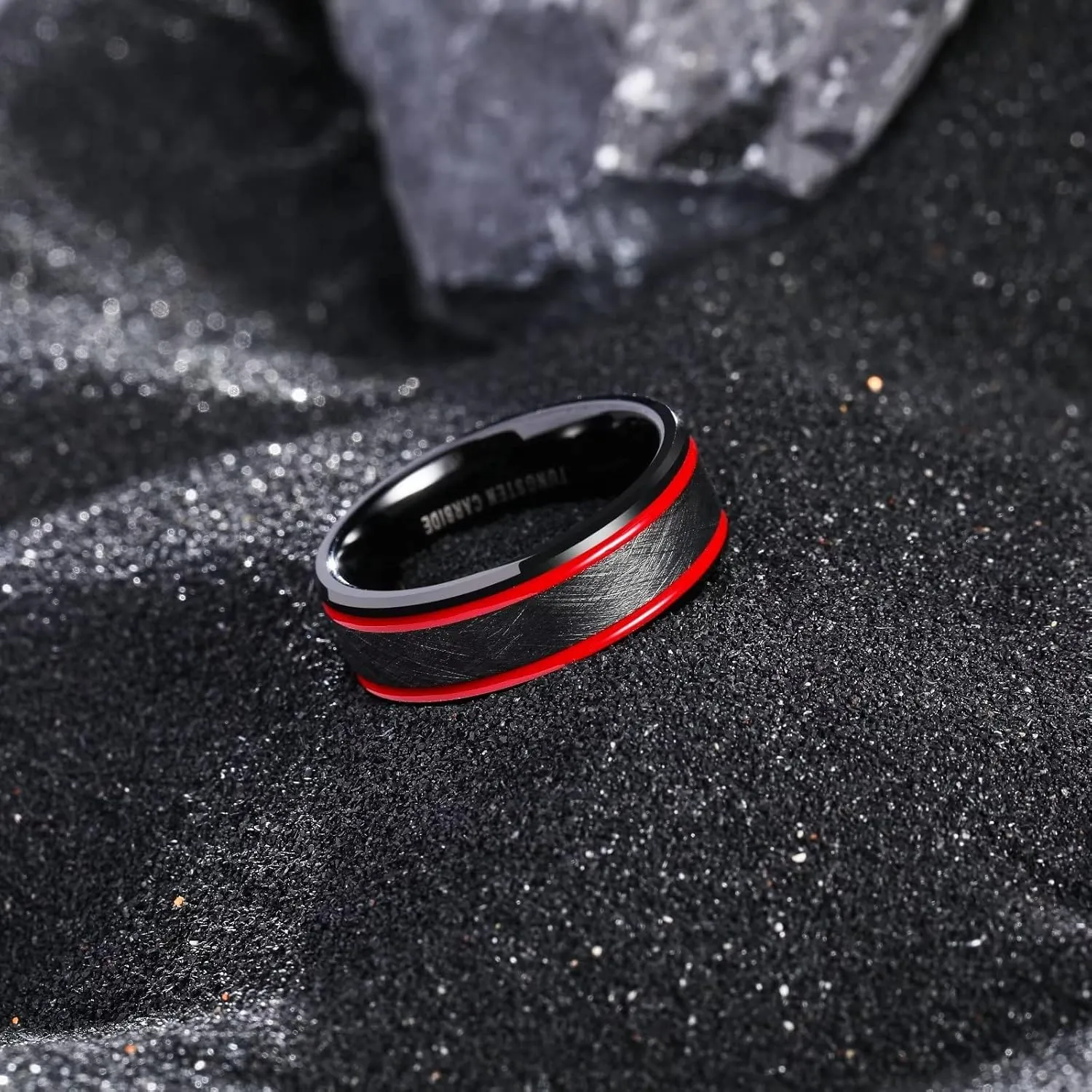 King Will Mens Grooved Tungsten Ring - Black/Silver 6mm/7mm/8mm Wedding Band, Thin Blue/Red/Purple/Rose Gold/Green/Orange/Pink Centre Groove, Matte Brushed Finish Beveled Edge, Comfort Fit Size 4-16