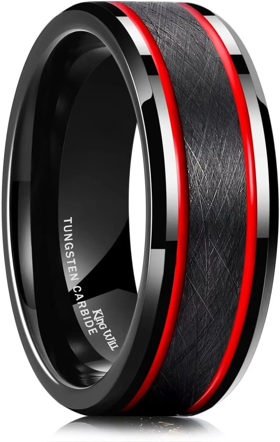 King Will Mens Grooved Tungsten Ring - Black/Silver 6mm/7mm/8mm Wedding Band, Thin Blue/Red/Purple/Rose Gold/Green/Orange/Pink Centre Groove, Matte Brushed Finish Beveled Edge, Comfort Fit Size 4-16